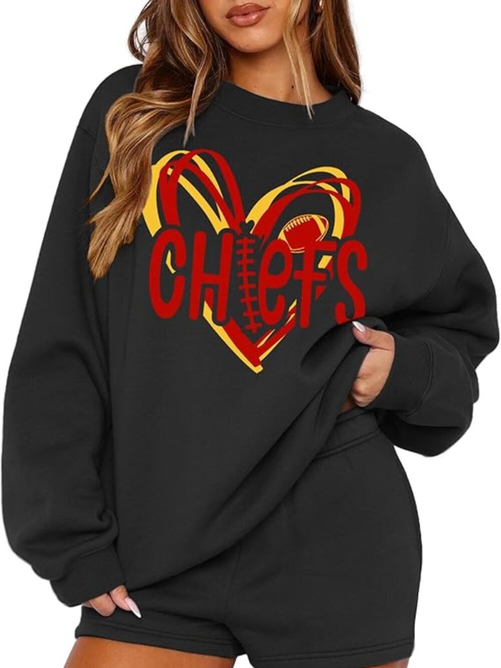 MAPICK Women's Oversized Black Chiefs Football Fleece Crewneck Sweatshirt-XXL